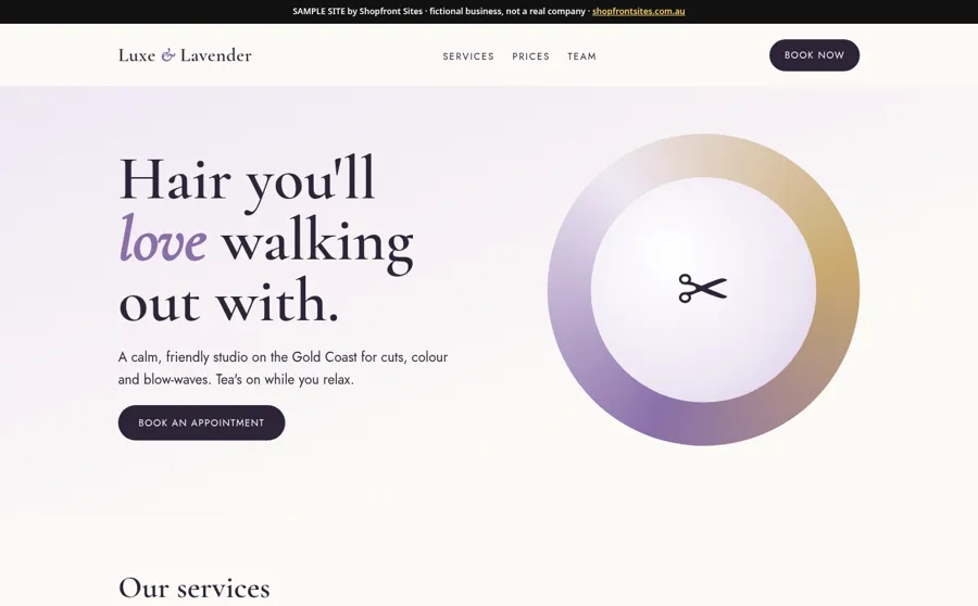 Sample site: Luxe & Lavender Hair Studio (fictional business)