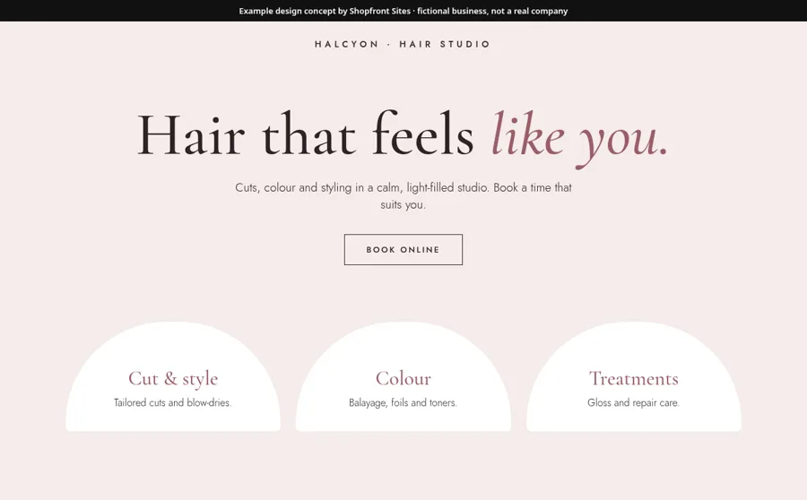 Example design concept: Halcyon Hair Studio (fictional business)